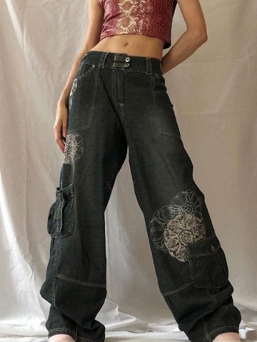 Washed Heart Pattern Cargo Jeans