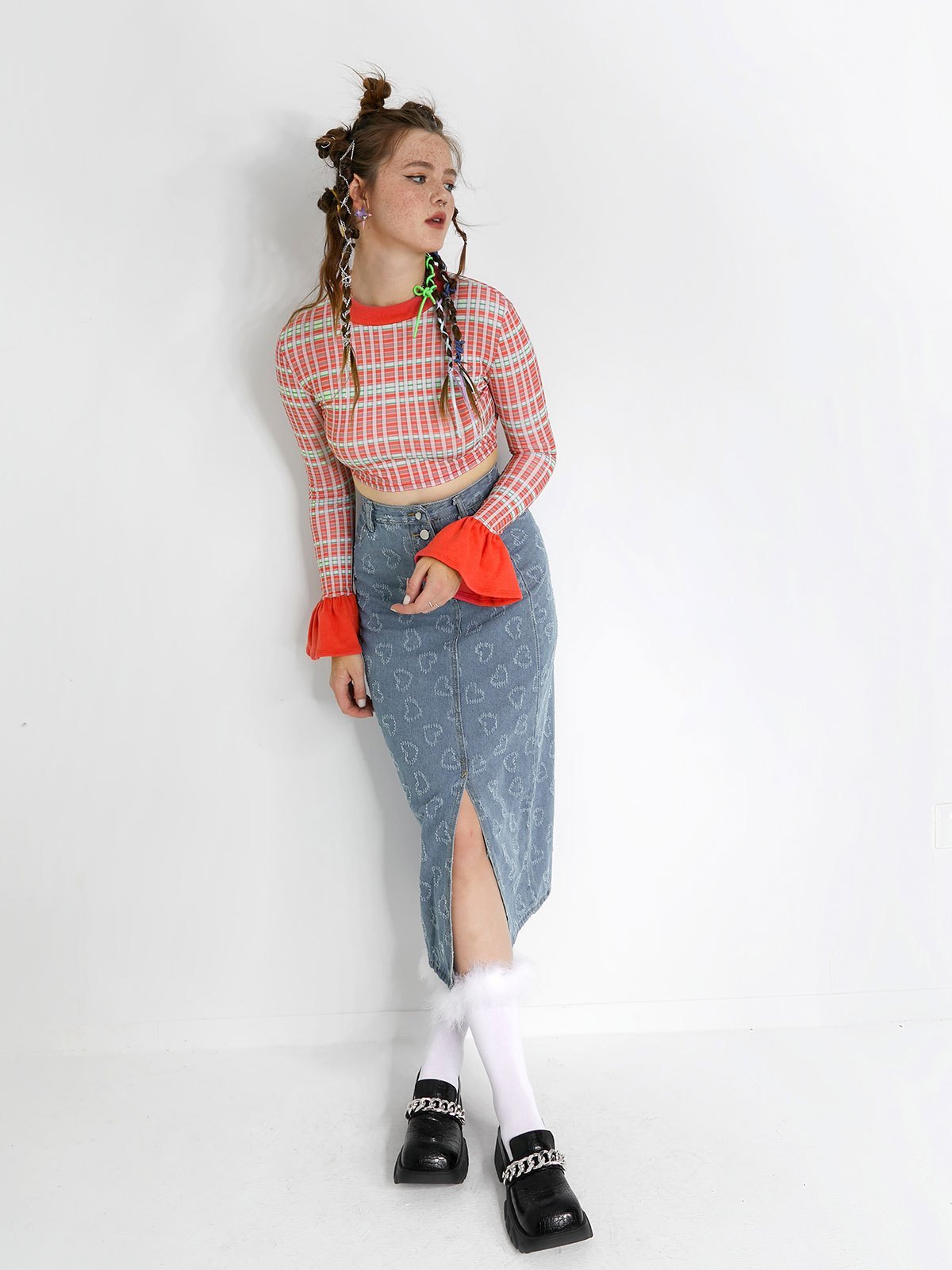 EMMIOL Herz-Jacquard-Midirock aus Denim