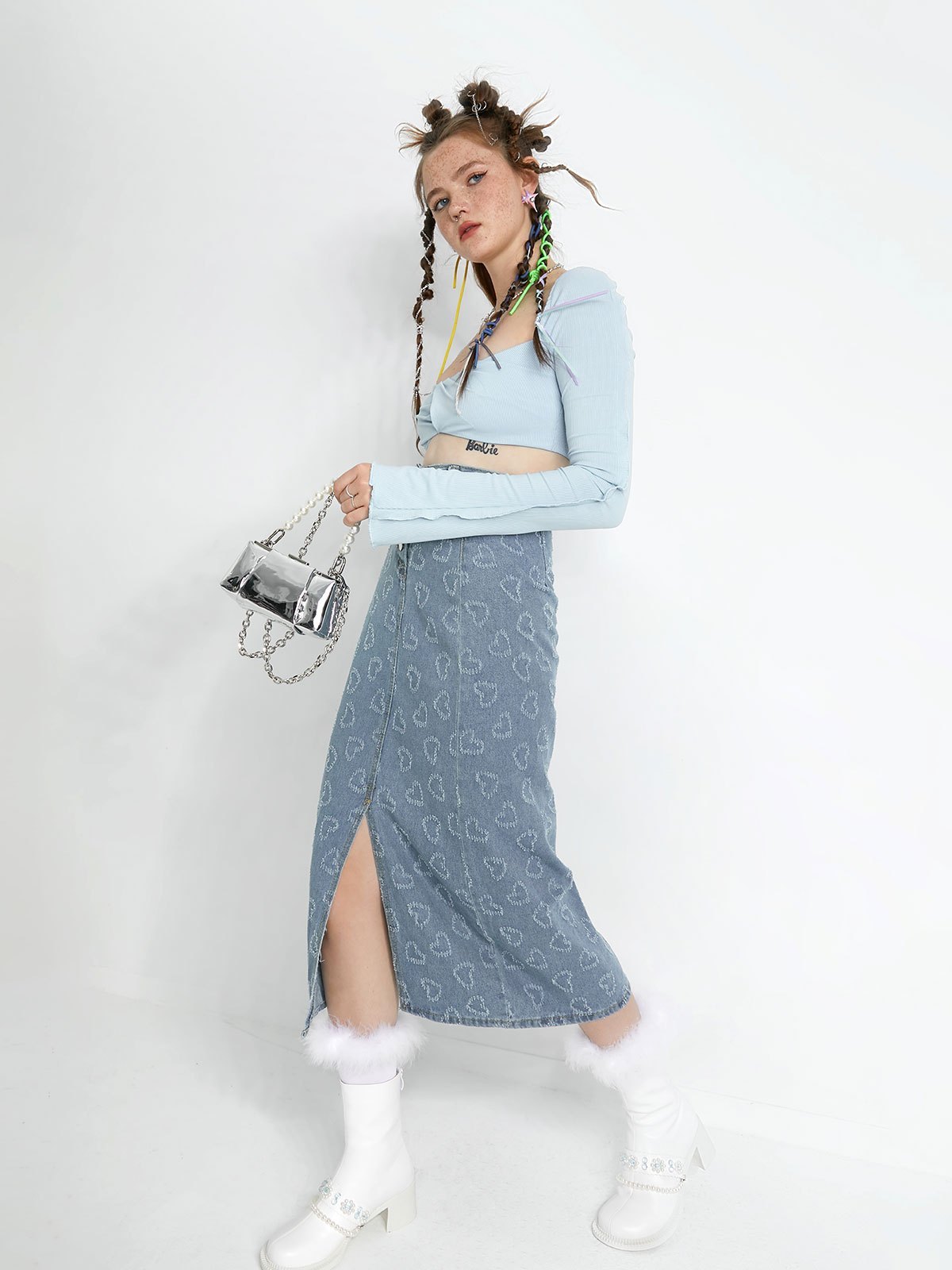 EMMIOL Herz-Jacquard-Midirock aus Denim
