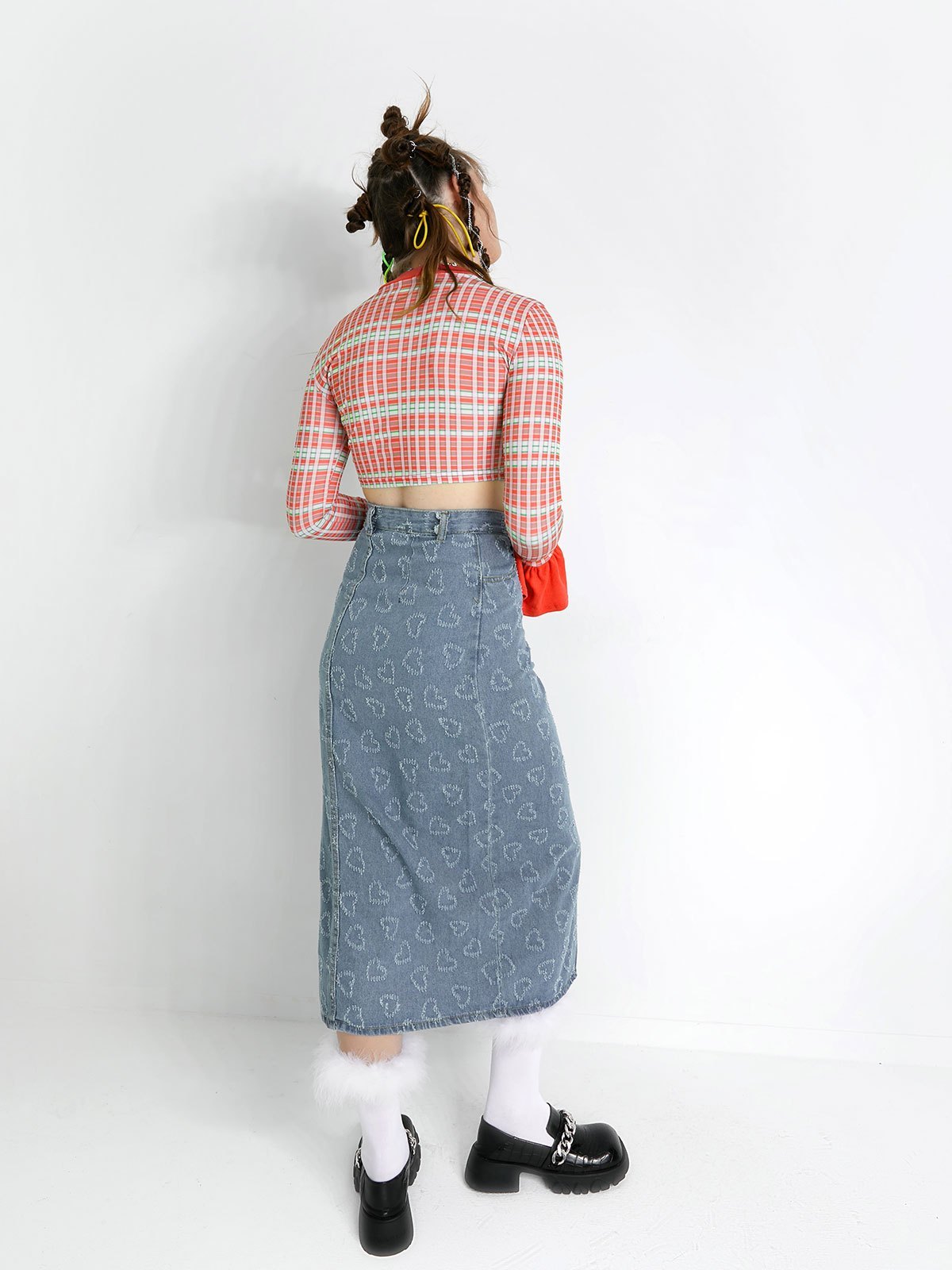 EMMIOL Herz-Jacquard-Midirock aus Denim