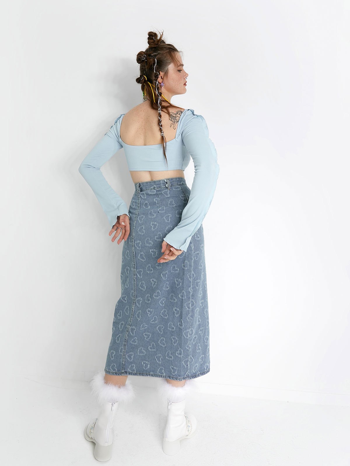 EMMIOL Herz-Jacquard-Midirock aus Denim