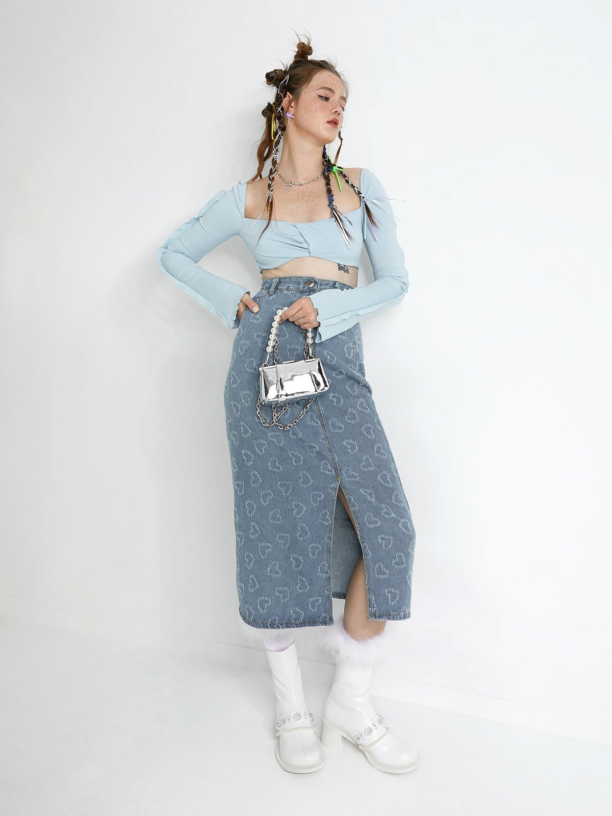 EMMIOL Herz-Jacquard-Midirock aus Denim