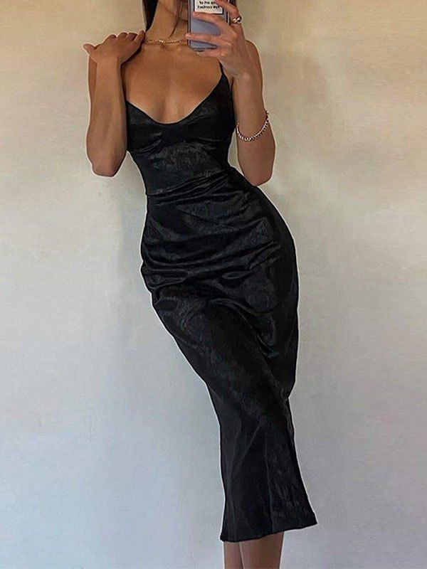 EMMIOL Vestido largo de satén en relieve sin espalda