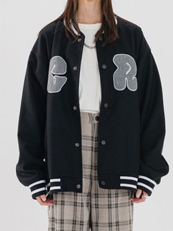 EMMIOL Toweling Logo Embroidery Varsity Jacket