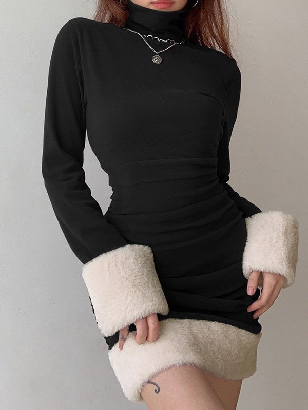 EMMIOL Mini abito a maniche lunghe con finiture in pelliccia sintetica