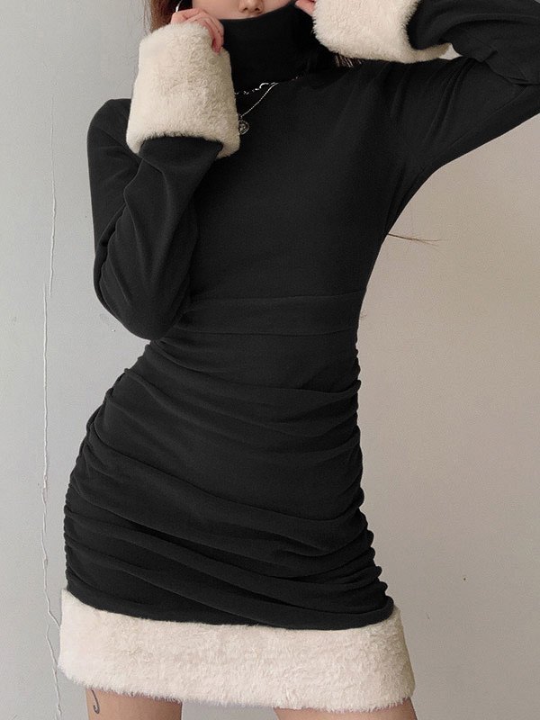 EMMIOL Mini abito a maniche lunghe con finiture in pelliccia sintetica