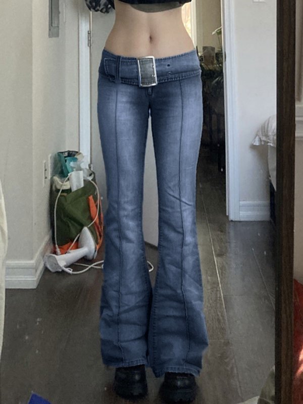 2022 Buckle Belted Washed Flare Jeans 