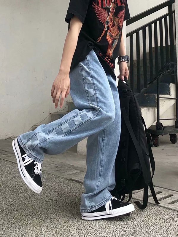 2022 Jeans da uomo con stampa a quadri patchwork Blu L In Jeans Online  Store. Best For Sale | Emmiol.com