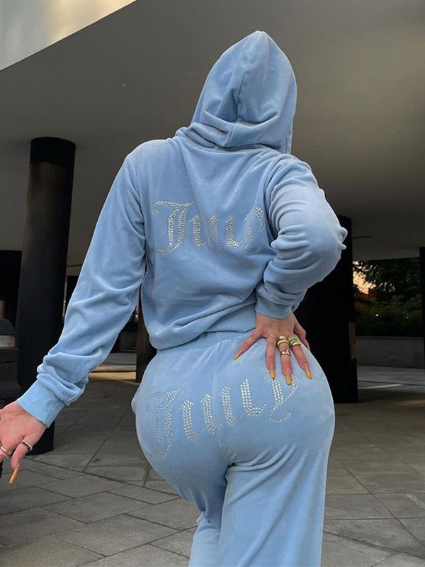EMMIOL Velvet Rhinestone Hooded Tracksuit Set