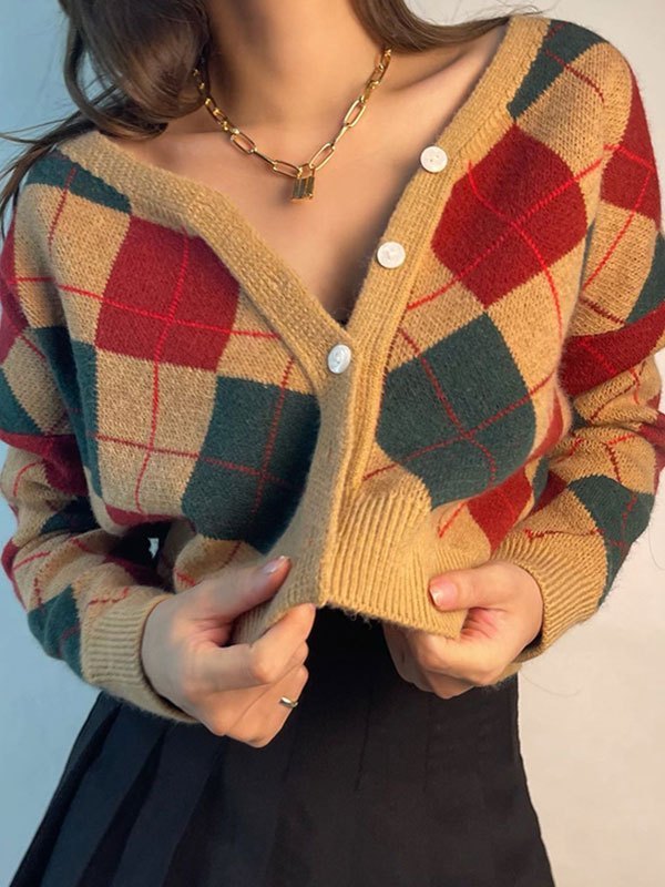 Oversized Argyle V-Neck Cardigan in 5 Colors