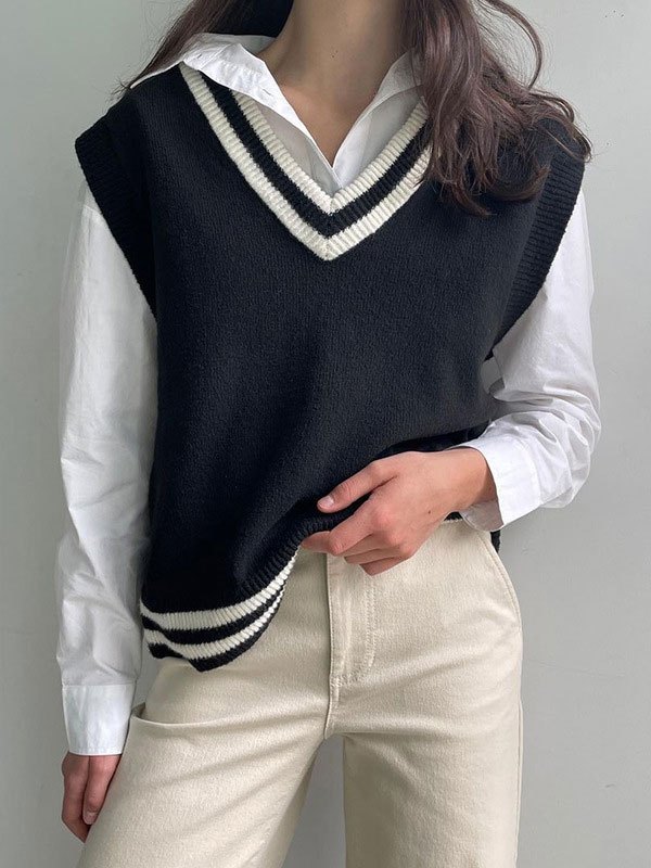 EMMIOL V Neck Contrast Stripe Sweater Vest