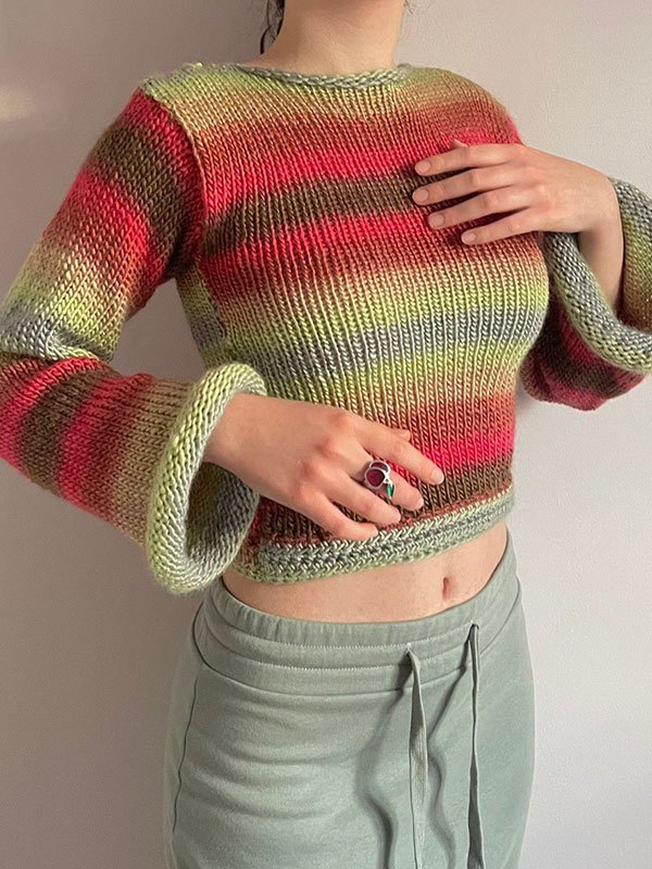 EMMIOL Rainbow Striped Pullover Knit Crop Sweater