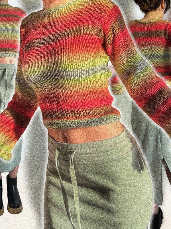 EMMIOL Rainbow Striped Pullover Knit Crop Sweater