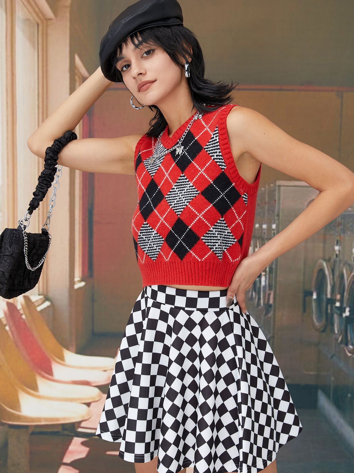 Gilet maglione corto scozzese vintage a rombi