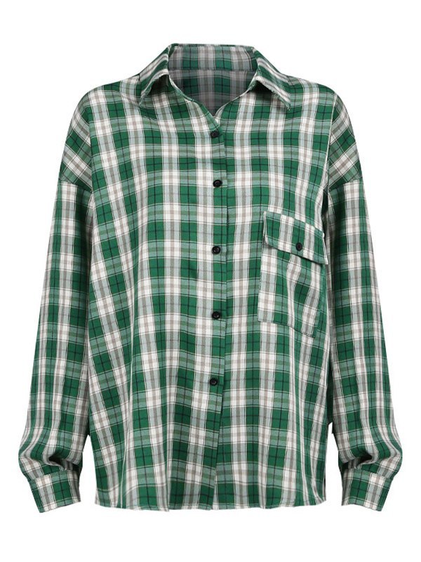 EMMIOL Oversized Long Sleeve Checkered Blouse