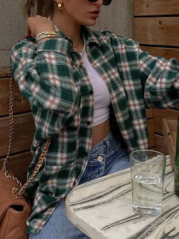 EMMIOL Oversized Long Sleeve Checkered Blouse