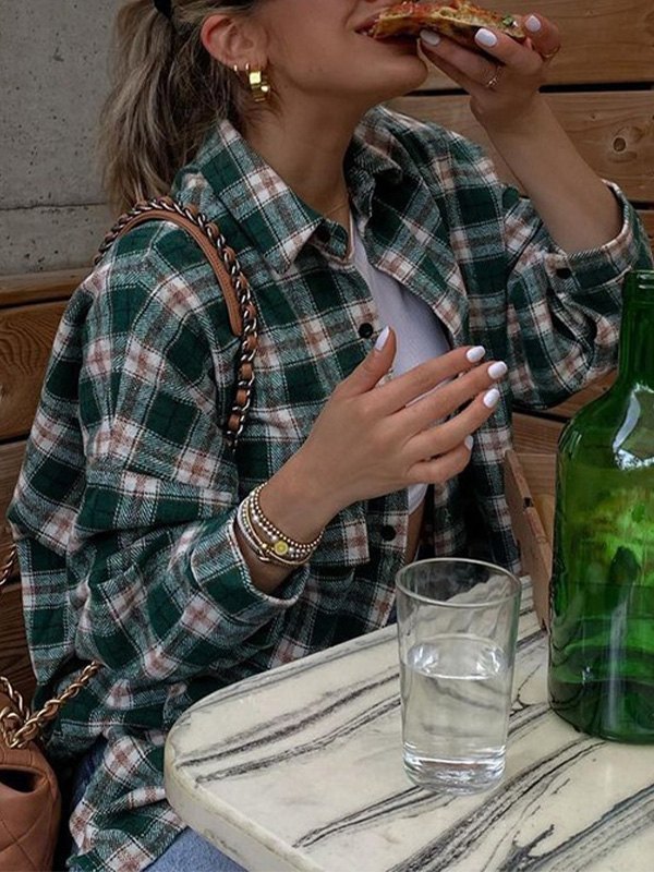 EMMIOL Oversized Long Sleeve Checkered Blouse