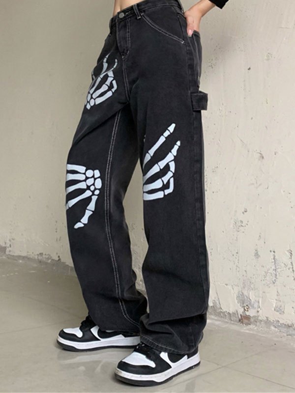 2022 Jeans boyfriend con stampa scheletro a mano Nero M In Jeans Online  Store. Best For Sale | Emmiol.com
