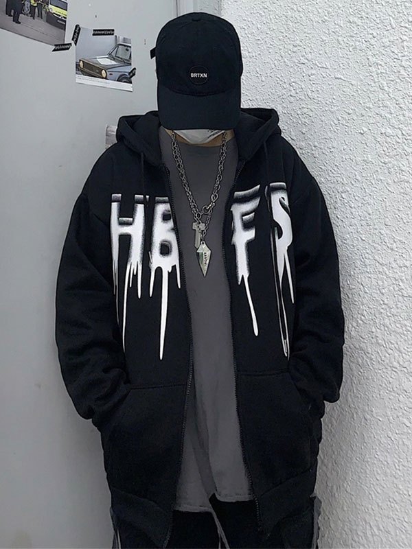 EMMIOL Drip Letter Print Zipper Hoodie