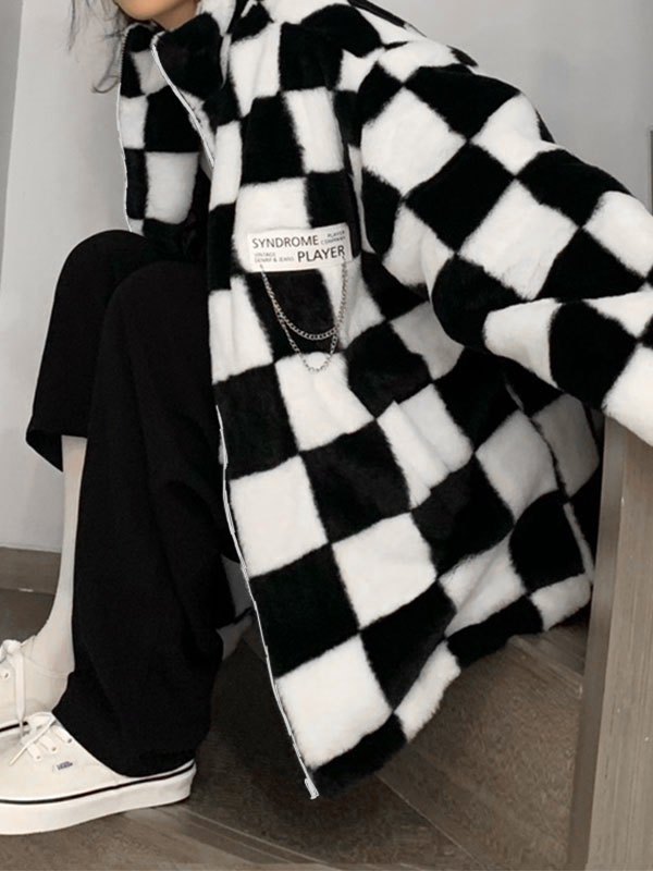 EMMIOL Oversized Faux Fur Checkered Coat
