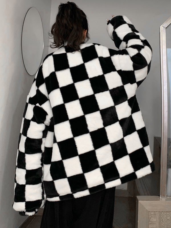 EMMIOL Oversized Faux Fur Checkered Coat