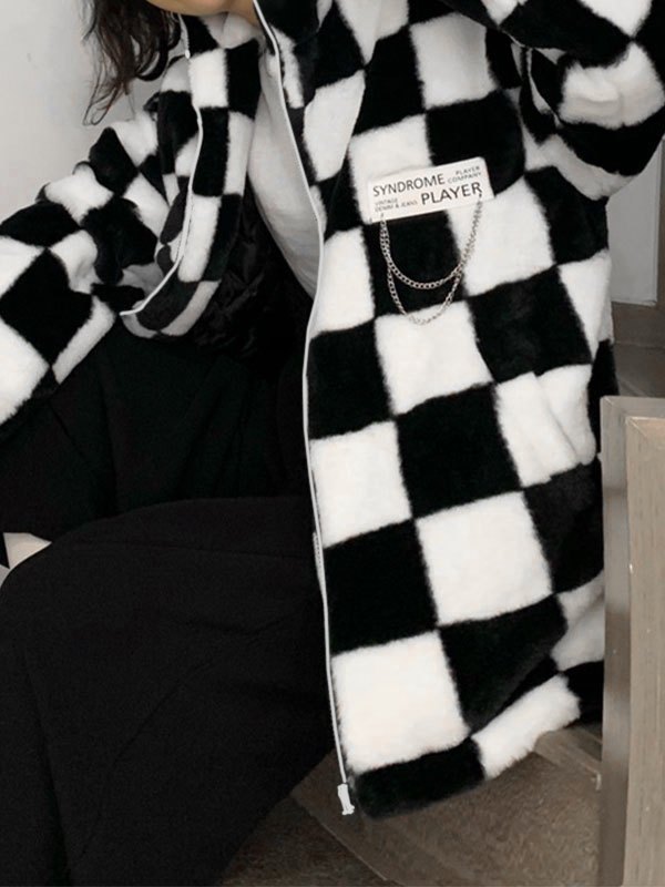 EMMIOL Oversized Faux Fur Checkered Coat