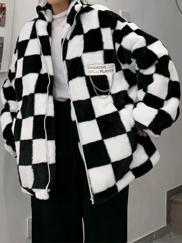 EMMIOL Oversized Faux Fur Checkered Coat