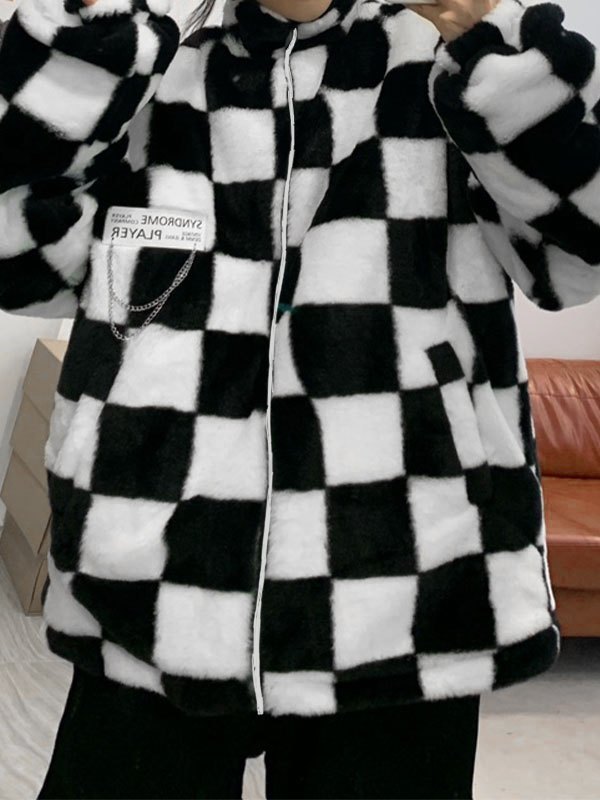EMMIOL Oversized Faux Fur Checkered Coat