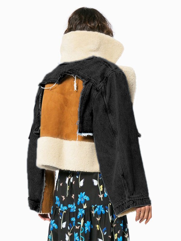 EMMIOL Denim Patchwork Faux Fur Coat