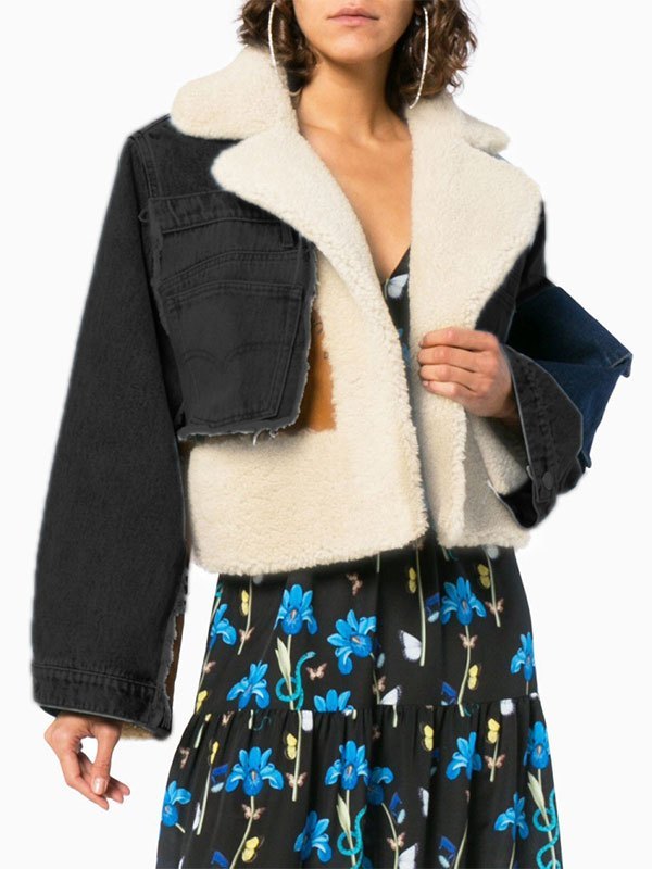 EMMIOL Denim Patchwork Faux Fur Coat