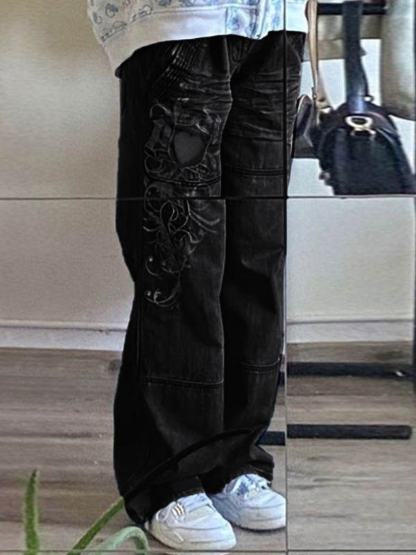 EMMIOL Washed Heart Pattern Cargo Jeans