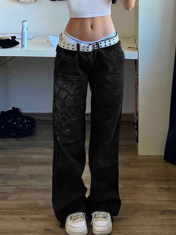 EMMIOL Cargo-Jeans mit verwaschenem Herzmuster