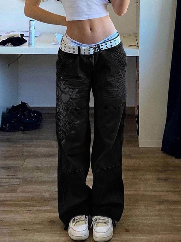 EMMIOL Cargo-Jeans mit verwaschenem Herzmuster