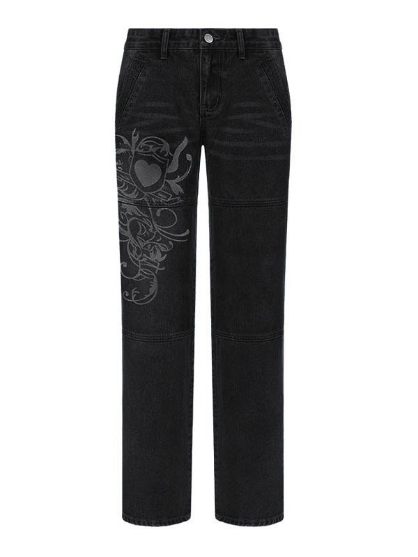 EMMIOL Cargo-Jeans mit verwaschenem Herzmuster