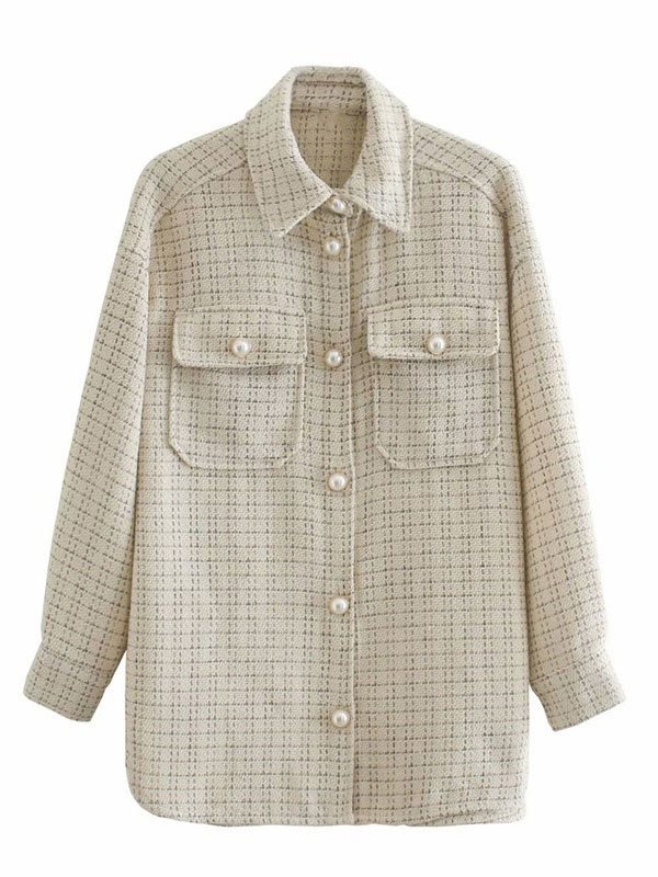 EMMIOL Faux Pearl Tweed Shirt Jacket