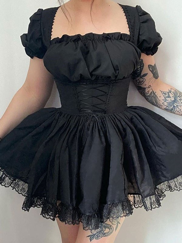 EMMIOL Puff Sleeve Corset Tie Mini Dress