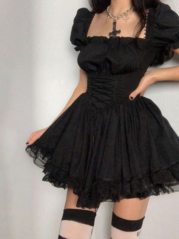 EMMIOL Puff Sleeve Corset Tie Mini Dress