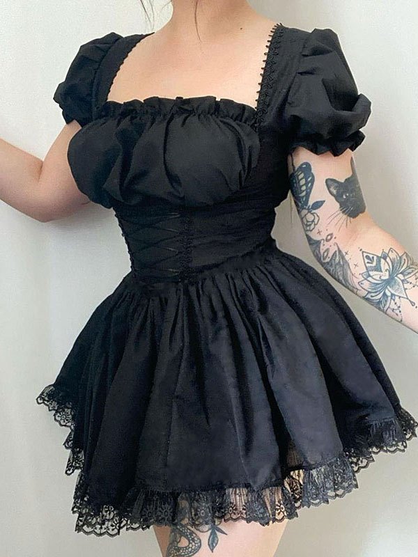 EMMIOL Puff Sleeve Corset Tie Mini Dress