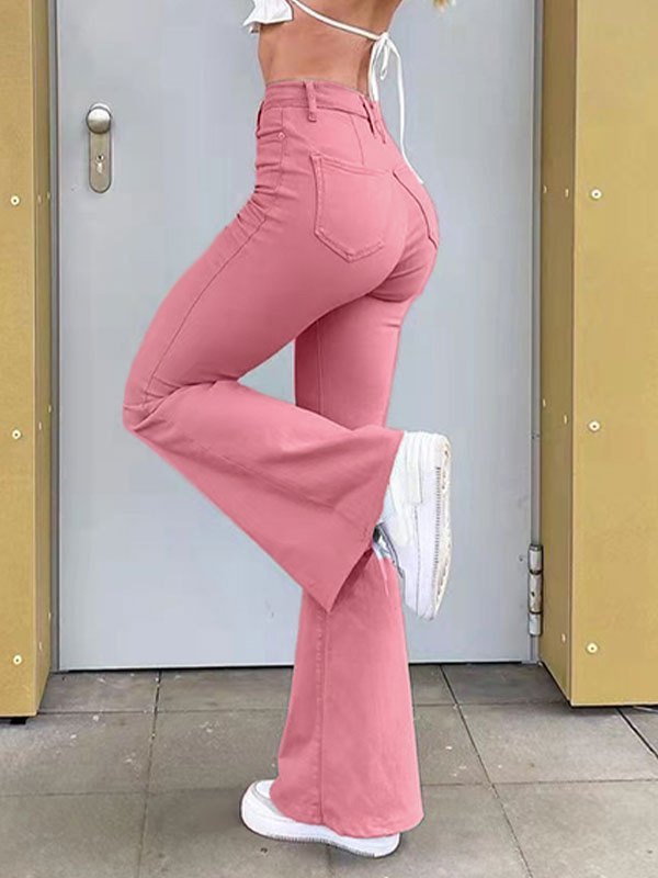 Emmiol Free shipping 2023 Mid Waist Top Flare Jeans Set Pink S in Flare