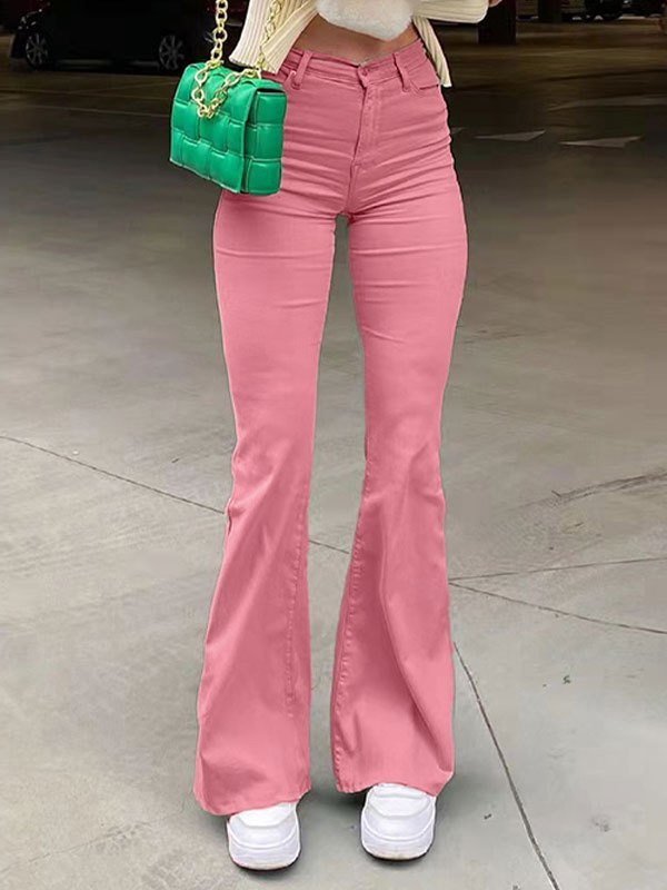 Emmiol Free shipping 2023 Mid Waist Top Flare Jeans Set Pink S in Flare