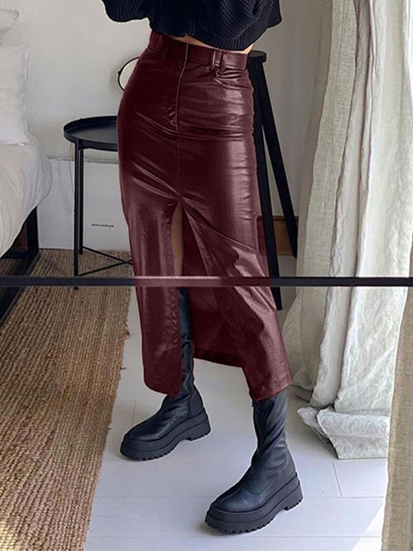EMMIOL Split Pu Leather Midi Skirt