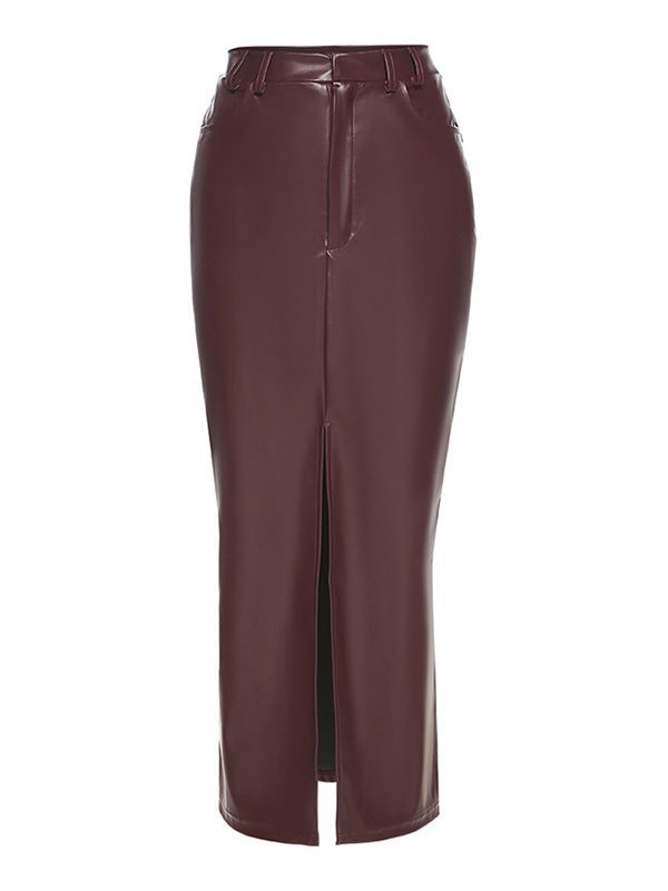 EMMIOL Split Pu Leather Midi Skirt