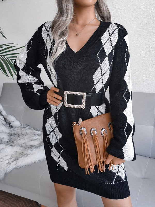 EMMIOL V Neck Argyle Long Sleeve Sweater Dress