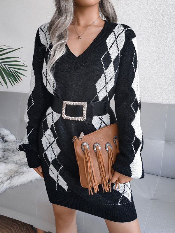 EMMIOL Vestido tipo jersey de manga larga con cuello en V y manga larga