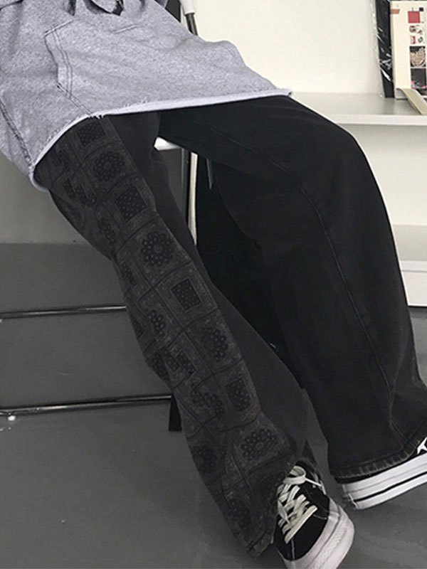 Emmiol Free shipping 2024 Patchwork Bandana Print Boyfriend Jeans Black