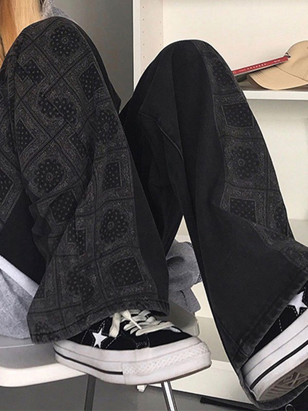 Emmiol Free shipping 2024 Patchwork Bandana Print Boyfriend Jeans Black