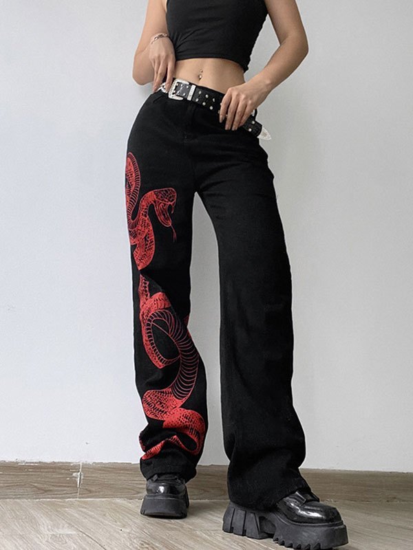 EMMIOL Boyfriend-Jeans mit Schlangenmuster
