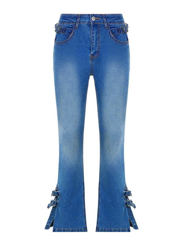 Emmiol Free shipping 2023 Buckle Strap Split Flare Jeans Blue S in