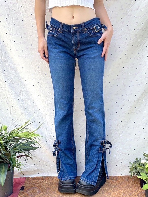 2022 Buckle Strap Split Flare Jeans 