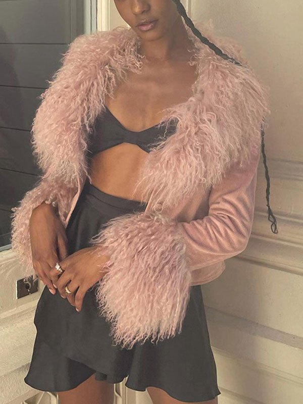 Emmiol Free shipping 2024 Faux Fur Collar Corduroy Jacket Pink L in